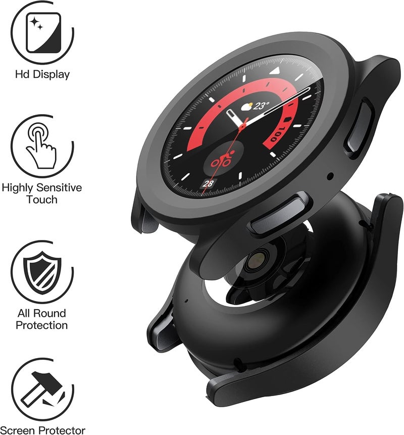 Misxi 2-Pack Hard PC Case with Screen Protector for Samsung Galaxy Watch 5 Pro 45mm, Ultra-thin Scratch Resistant Cover with Tempered Glass for Galaxy Watch5 Pro, Black - Image 2